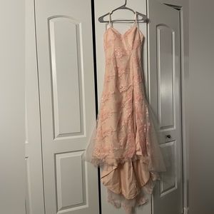 PROM DRESS. Embroidered pink high-low spaghetti straps long dress. Never used.
